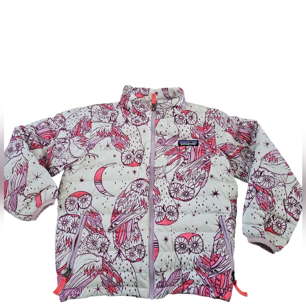 Patagonia 5t Down Sweater Jacket Coat OWL Print White Pink HTF Mascot READ